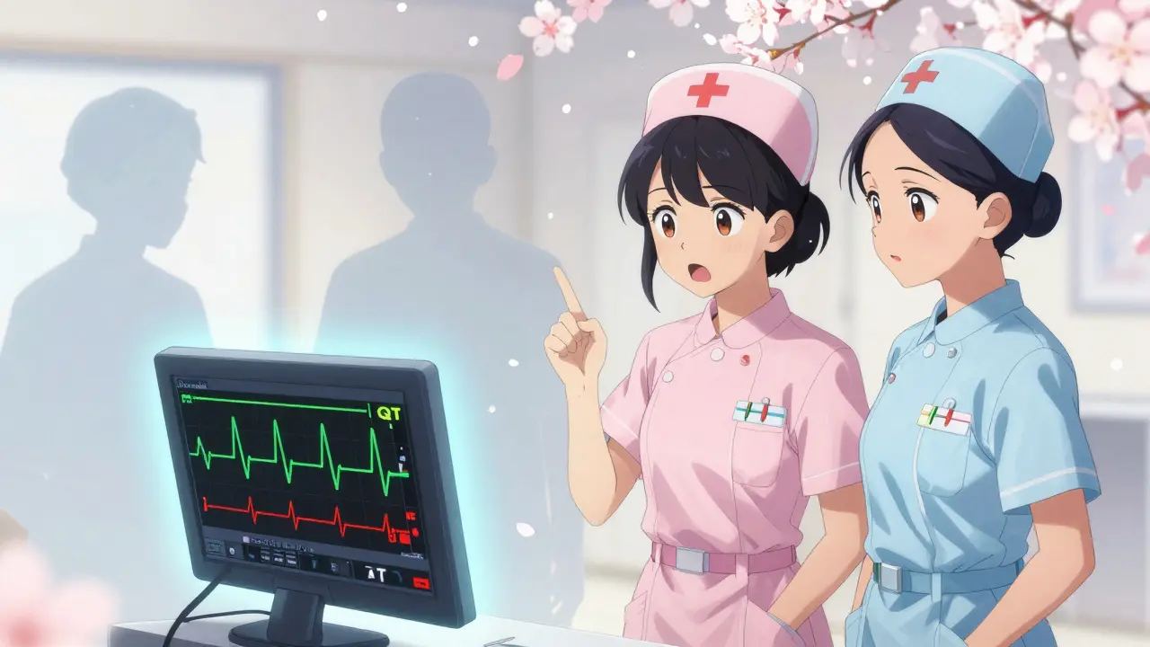 Nurses gathered around an ECG monitor displaying a dangerous QT waveform, with ghostly outlines of at-risk patients and falling cherry blossoms in the background.