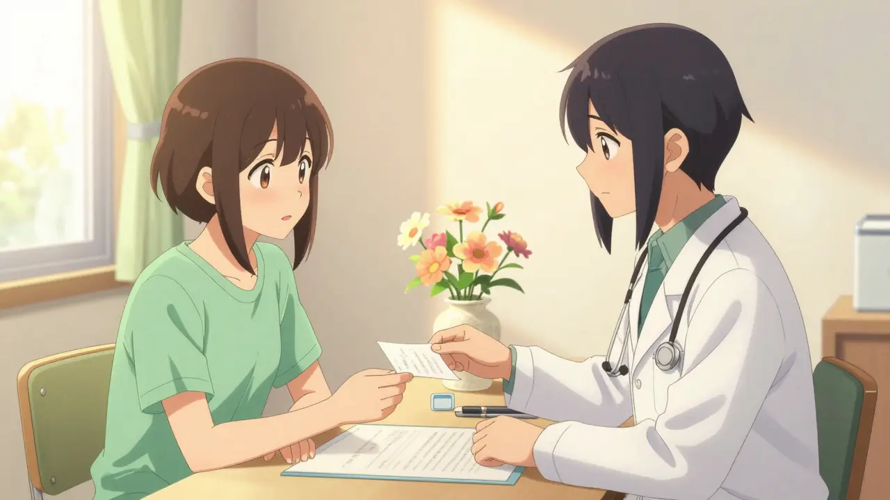 Patient and doctor reviewing papers in warm light