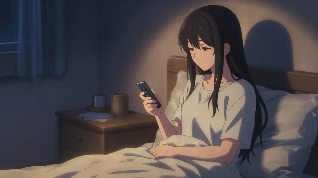 Person using a small remote control device by the bedside