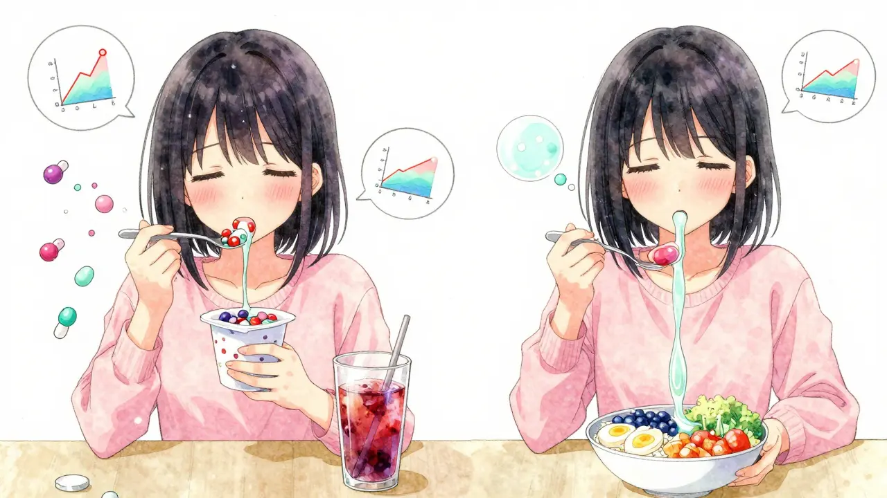 Split scene: chaotic sugar intake vs. balanced meal, with insulin molecules reacting differently.