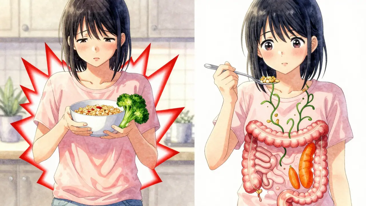 Split scene: one side shows abdominal discomfort from insoluble fiber during flare-up, the other shows healing with cooked legumes and veggies.