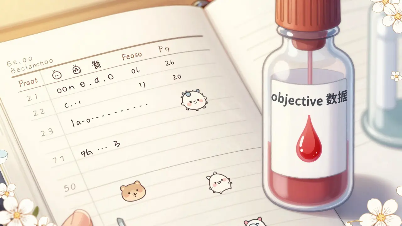 A health symptom log and a lab vial shown in a delicate manga style