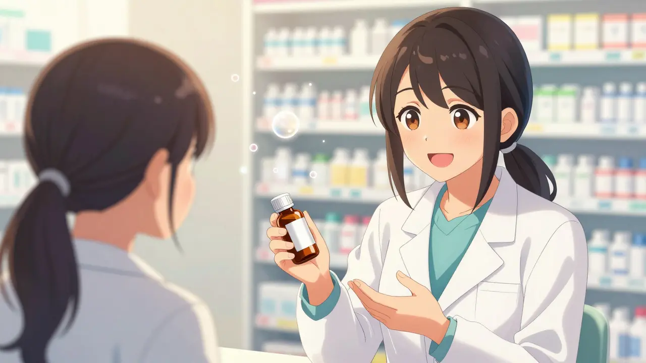 A patient and a friendly pharmacist discussing medication in a soft, glowing setting