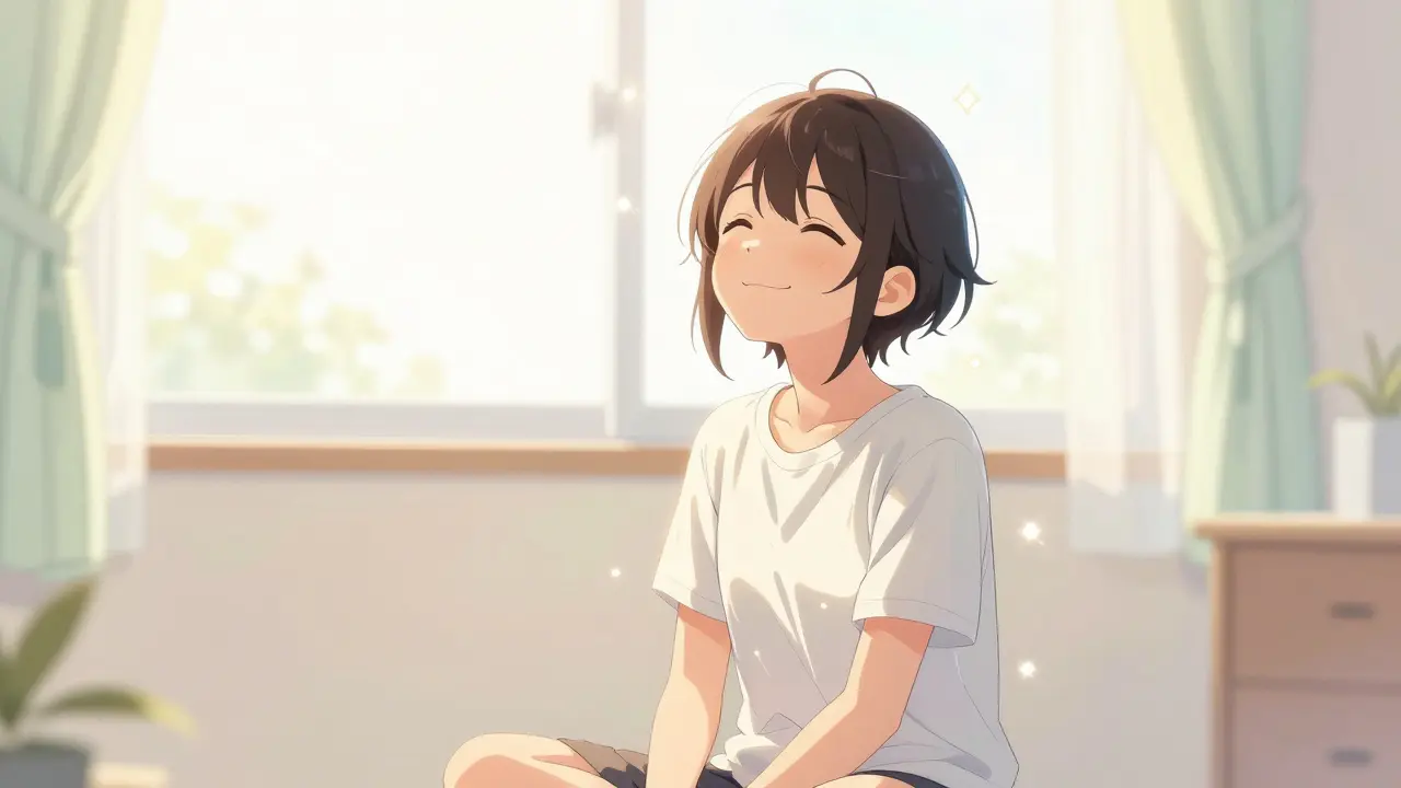 A person looking peaceful and refreshed in a sunlit room, symbolizing recovery from insomnia.