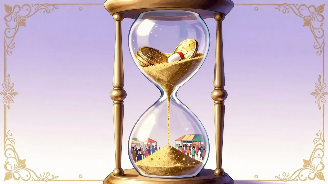 An elegant hourglass with a medicine pill and gold coin, symbolizing time pressure in shoujo manga style.