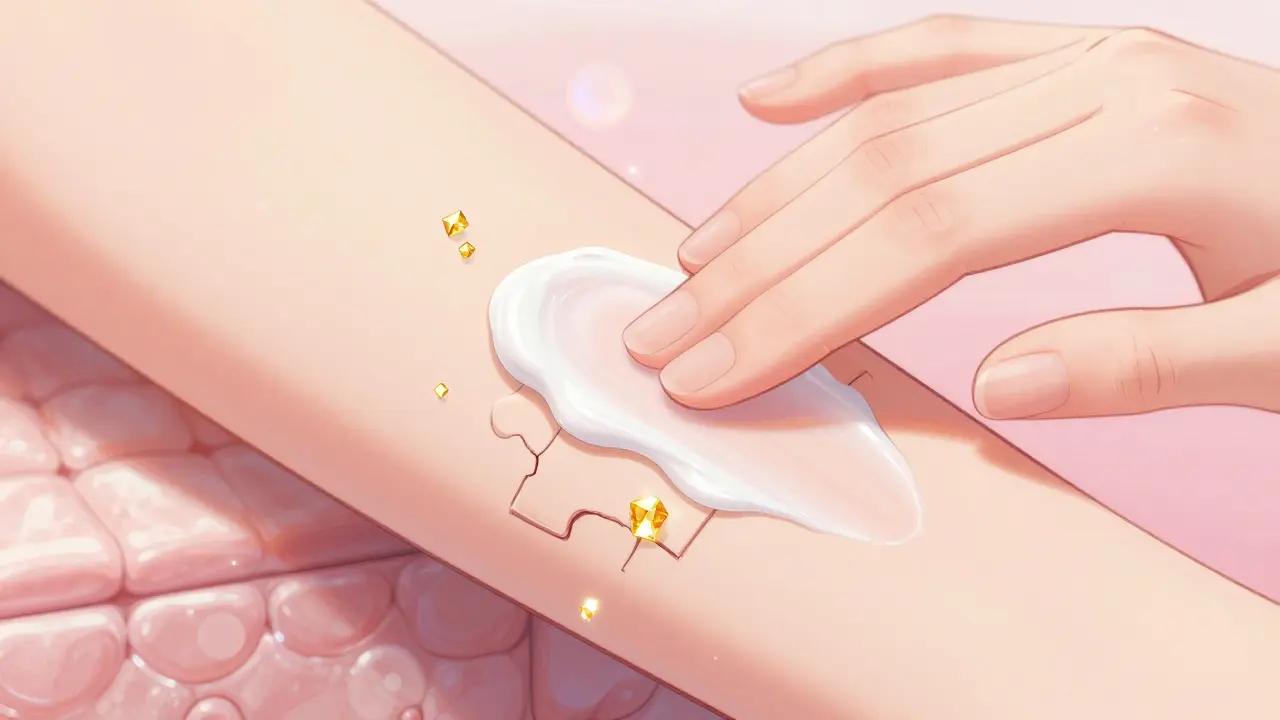 Close-up of moisturizing cream with shimmering crystals repairing skin cells.