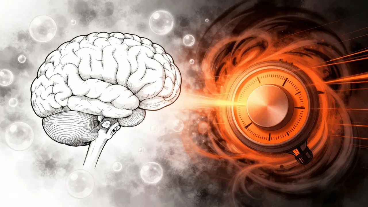 Conceptual manga art of a brain and a volume knob turned to maximum representing pain amplification.