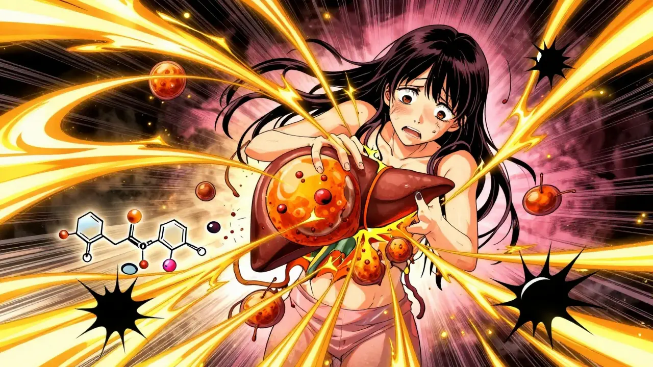 Conceptual shoujo manga illustration of curcumin and piperine overwhelming a liver cell in the body.