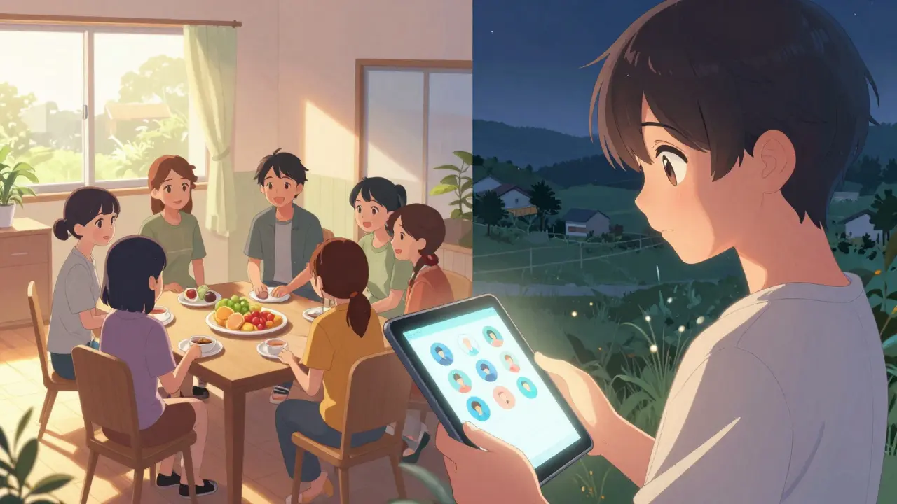 Contrast between a peer support group and digital health access in shoujo manga art.