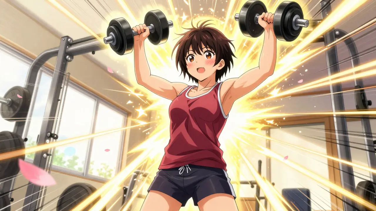 Determined character lifting weights with a glowing golden aura in shoujo manga style.