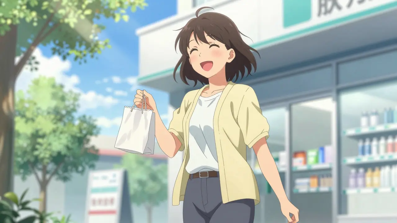 Happy woman leaving a pharmacy with her medication in shoujo manga style