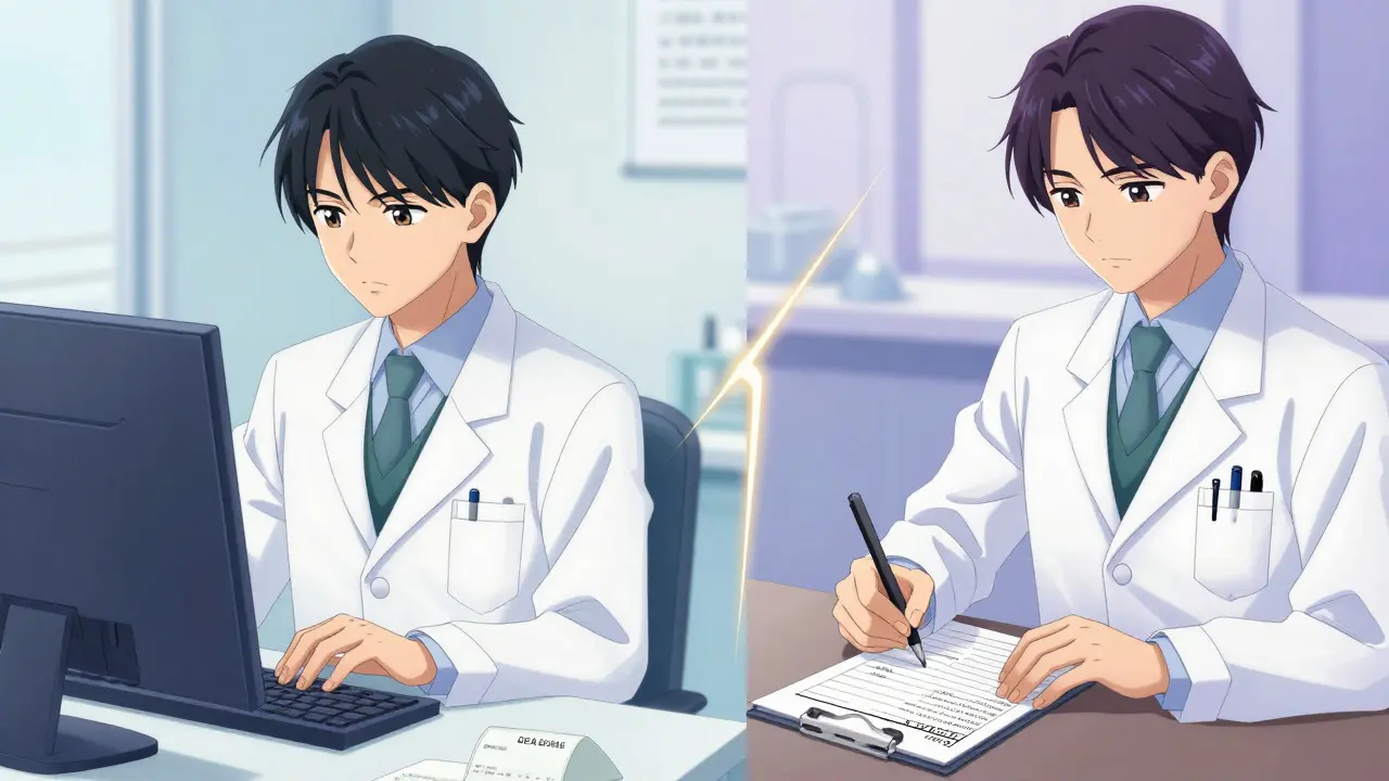 Pharmacist and doctor coordinating a prescription transfer in manga art