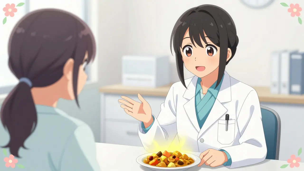 Shoujo manga scene of a doctor advising a patient that culinary turmeric is safer than supplements.