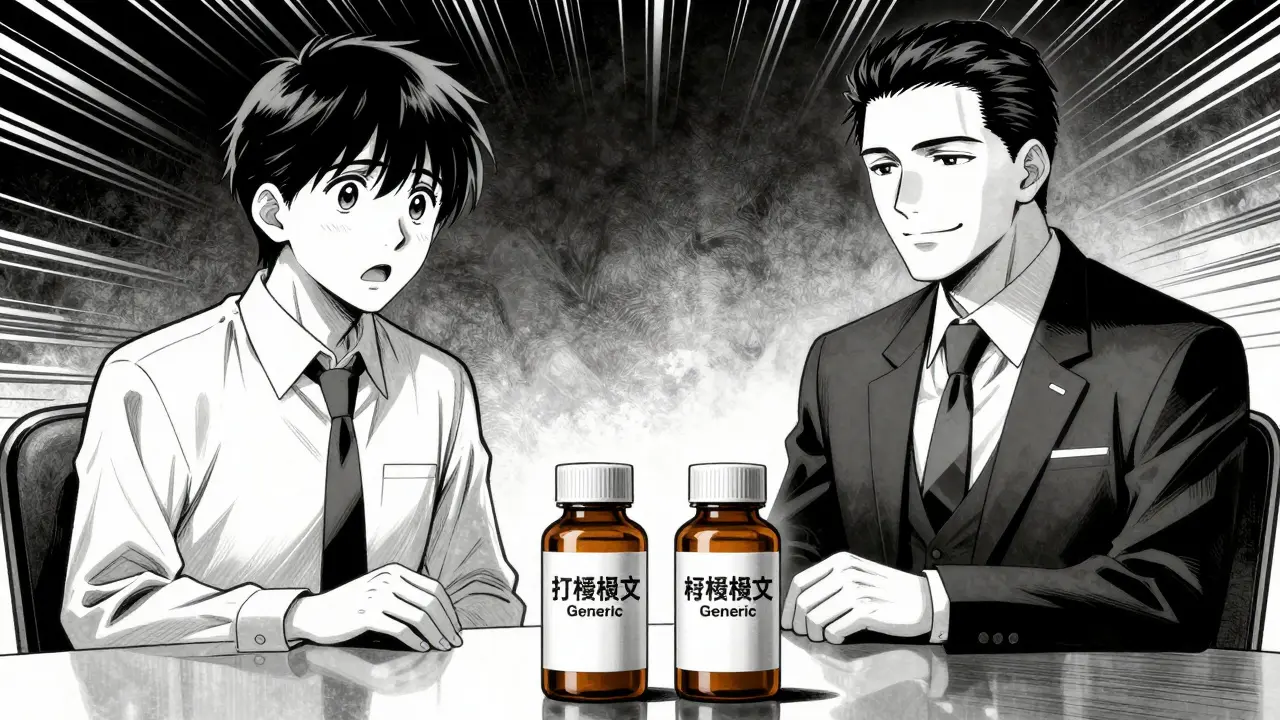 Two corporate rivals facing off over identical medicine bottles in shoujo manga style.